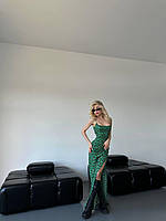 Довга жіноча сукня на бретельках з леопардовим принтом з розрізом по нозі зелена 42-46