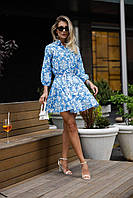 RAY Женское платье-рубашка мини с интересным принтом и шнурком на талии голубое зеленое 42-44 46-48 Голубой,