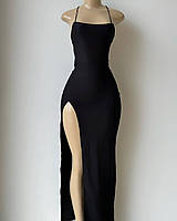 Женское длинное черное силуэтное платье в пол с разрезом на ноге и открытой спиной XS-S M-L