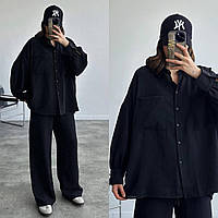 Жіночий костюм двійка подовжена сорочка з кишенями та штани з високою посадкою вільного крою на резинці чорний 42-44 46-48