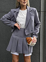 IZI Стильный костюм двойка юбка-плиссе с обманкой и укороченный пиджак с длинным рукавом без подкладки серый