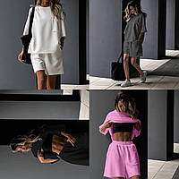ШОК! Молодежный женский спортивный костюм двойка: футболка оверсайз +шорты черный графит розовый белый 42/46