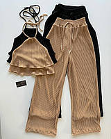 Жіночий костюм двійка: топ на бретельках + штани палаццо у рубчик чорний світлий беж малина мокко Xs/S M/L