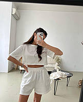 IZI Женский костюм двойка вороченная футболка оверсайз со спущенной линией плеча и шорты с высокой посадкой
