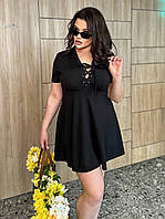 Женское летнее платье в рубчик со шнуровкой по декольте и пышным подолом, норма и батал большие размеры