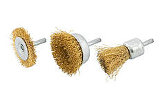 Набір щіток MASTERTOOL 3 шт. — торцева/дискова зі стрижнем 1⁄4" Ø 25/50///50 мм із латунового рифленого дроту 19-9300