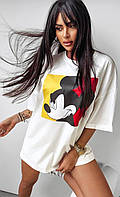 Женская летняя длинная футболка Микки из трикотажной ткани кулир размеры 42-56