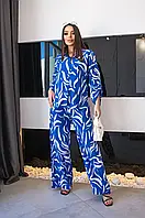 Літній синій костюм вільна сорочка з вирізом і широкі штани у великих розмірах