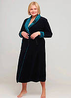 Женский качественный длинный велюровый халат на запах с воротником, темно синий,Турция