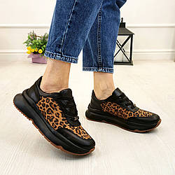 Кросівки жіночі чорні на шнурівці, натуральна шкіра та руда шкіра леопард. 39 розмір