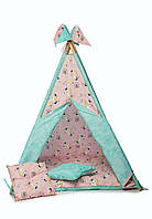 Вигвам детский палатка с матрасом Бон бон и подушками "Пони радуга на розовом" для дома и сада
