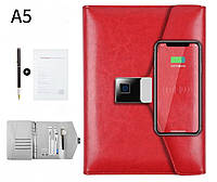 Блокнот с отпечатком пальца Lockbook, беспроводной зарядкой и USB флешкой Красный