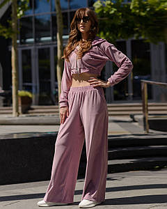 Жіночий костюм з велюру кофта на змійці з капюшоном та штани-палаццо Бузковий