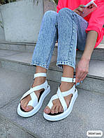 Белые летние женские босоножки, повседневные кожаные сандалии на липучке без задника