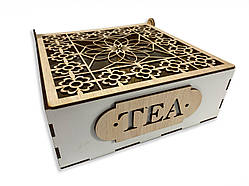 Ящик для чаю TEA з натурального дерева з різзю і перфорацією 22х22,5х7,5 см.Хіт!
