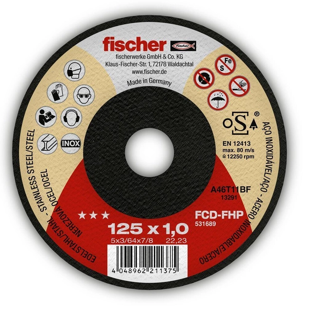 Відрізне коло по металу та нержавіючій сталі Fischer FCD-FHP 125x1,0x22,23 STEEL+INOX