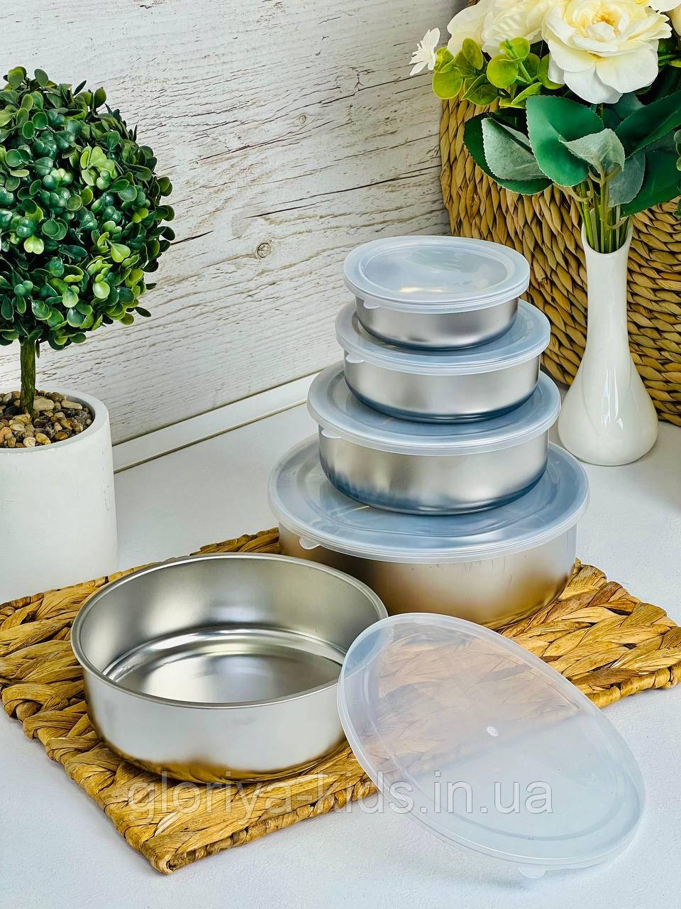 Набір ємностей для їжі з нержавіючої сталі з кришками 5 шт : 10 см / 12 см / 14 см / 16 см / 18 см