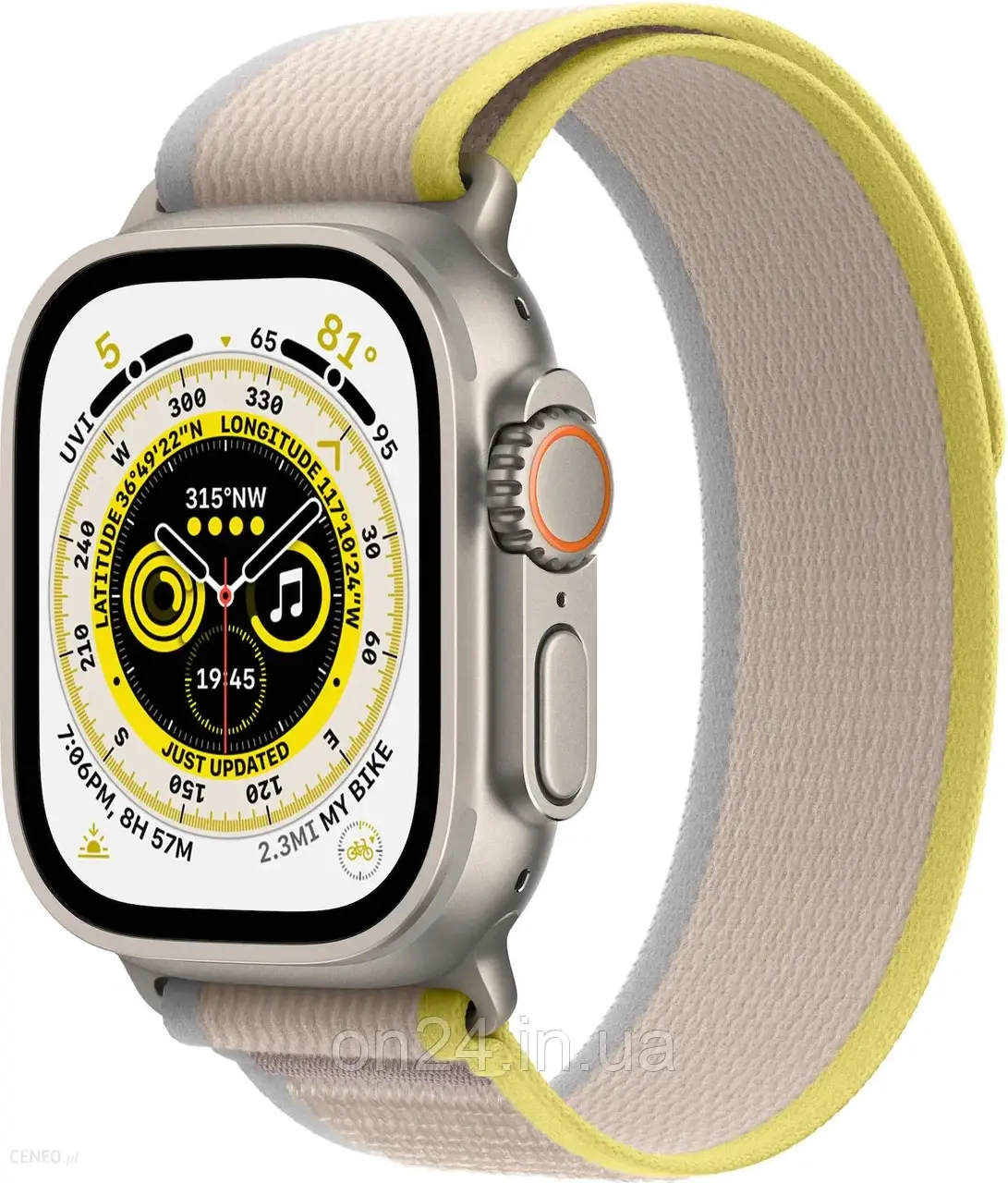 Часи Apple Watch Ultra Cellular 49mm Tytanowy z opaską Trail S/M w kolorze żółtym/beżowym (MNHK3WBA)