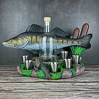 Штоф подставка на подарок ко дню рыбака, декоративный мини бар в виде рыбы Судак