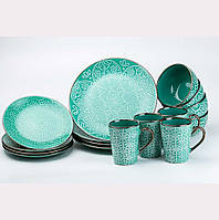 Набор керамической посуды с чашками на 4 персоны зеленого цвета (16 предметов) Столовый сервиз для дома