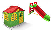 АКЦІЯ НАБІР Дитячий ігровий пластиковий будиночок зі шторками і дитяча пластикова гірка ТМ Doloni