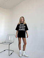 Чёрная женская свободная удлиненная оверсайз футболка свободного кроя из кулира с трендовыми надписями