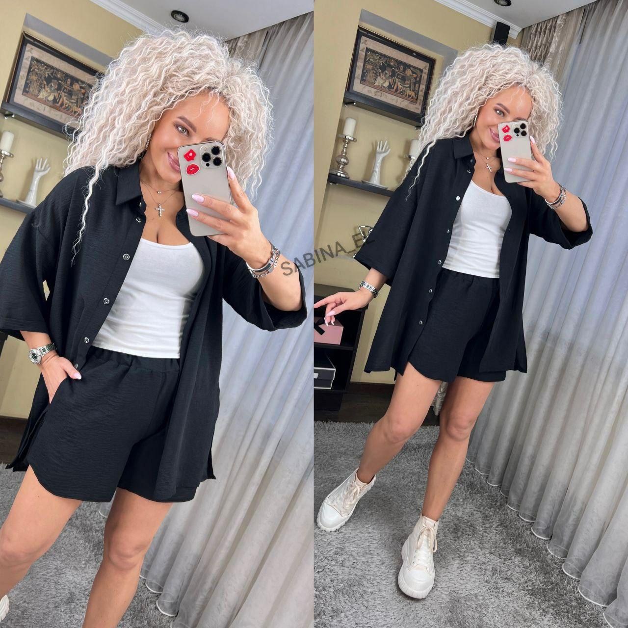 Прогулянковий літній жіночий костюм однотонний - сорочка і шорти (Розміри S,M,L), Чорний