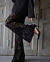 Женские черные гипюровые классические брюки.Прозрачные штаны.Стильные кружевные брюки клеш 46/48