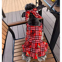 Брендовое платье для собак на брительках расцветка в клетку красного цвета_TT