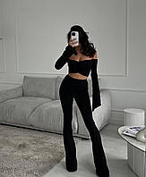 Стильный женский костюм (брюки клеш+топ оригинальный крой) черный ETV
