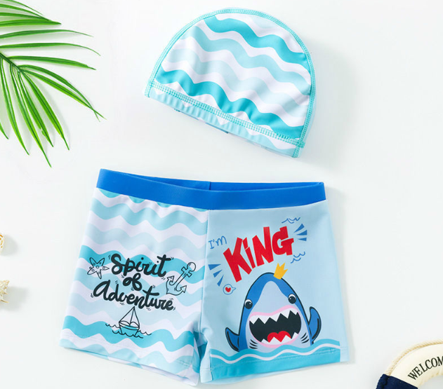 Дитячі плавки для хлопчика з акулою та шапочкою, блакитні, на зріст 90-110,120-130 см