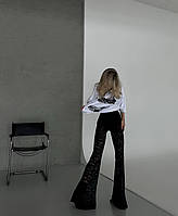 Женские черные гипюровые классические брюки.Прозрачные штаны.Стильные кружевные брюки клеш