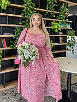 Летнее женское платье с цветами и высокой талией на резинке с 48 по 62 размер