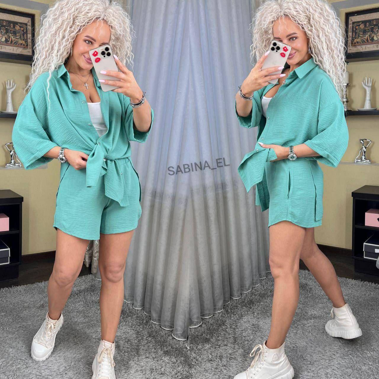 Прогулянковий літній жіночий костюм однотонний - сорочка і шорти (Розміри S,M,L,XL), М'ятний