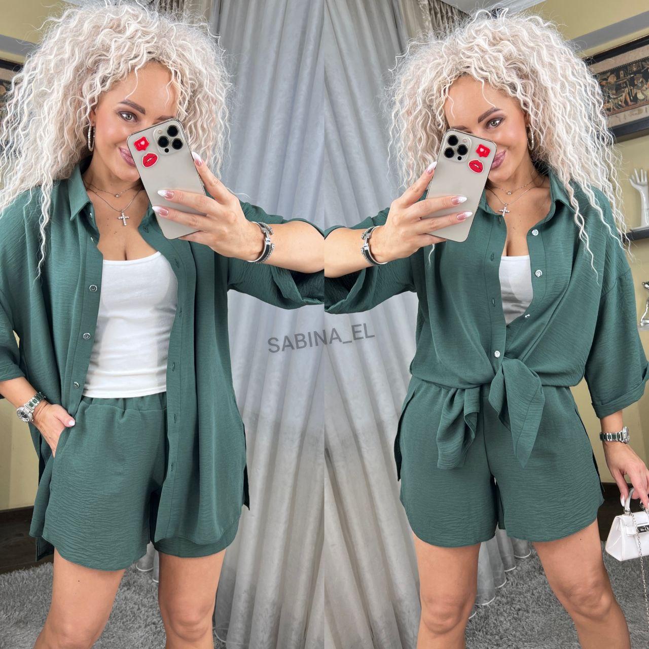 Прогулянковий літній жіночий костюм однотонний - сорочка і шорти (Розміри S,M,L), Хакі