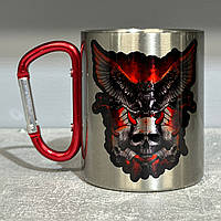 Металевий кухоль з карабіном (350мл, сріблястий, принт) "Сова"