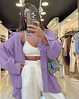 Сиреневая женская свободная легкая рубашка из льна на пуговицах с нагрудными карманами и длинным рукавом