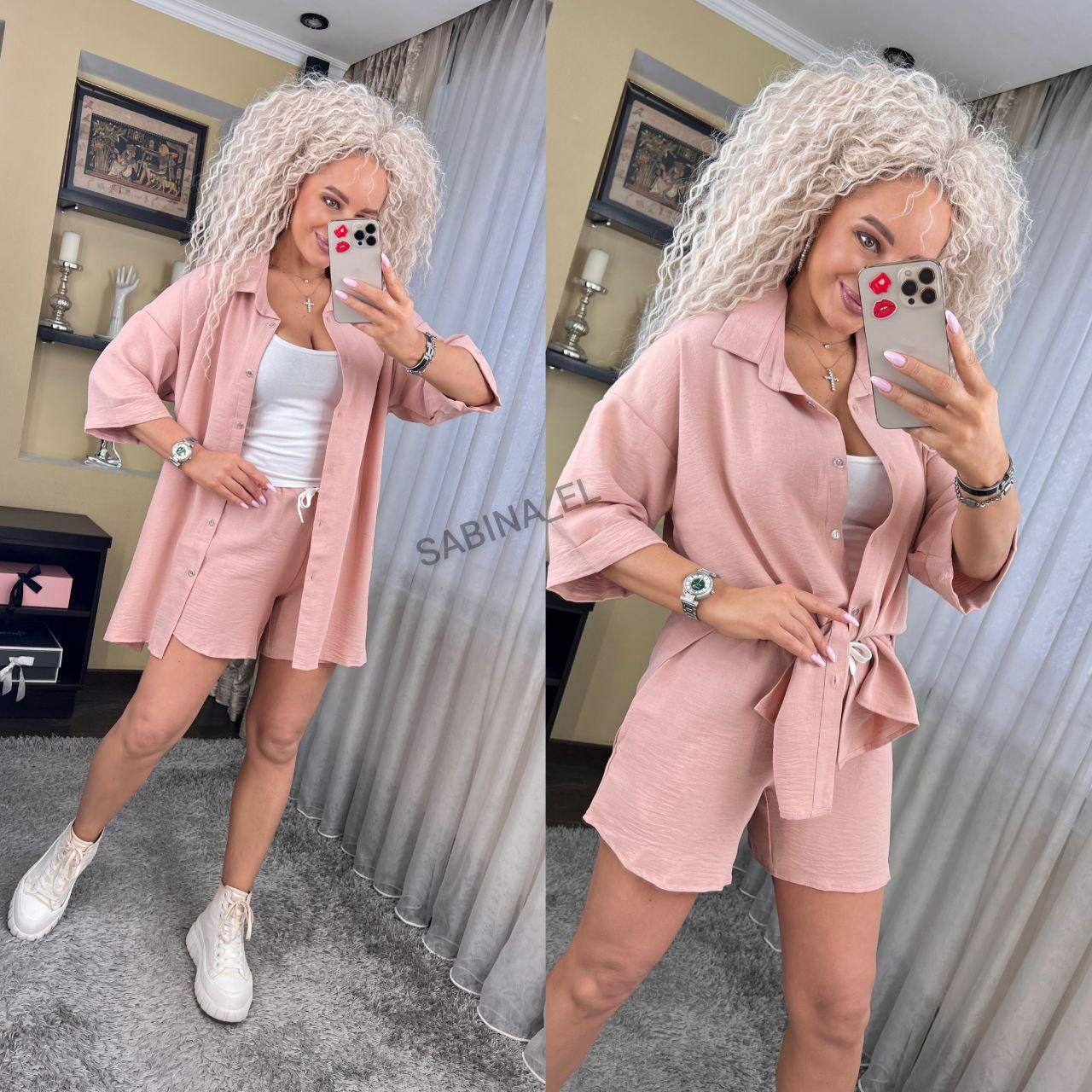 Прогулянковий літній жіночий костюм однотонний - сорочка і шорти (Розміри L,XL), Пудра