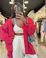Малиновая женская свободная легкая рубашка из льна на пуговицах с нагрудными карманами и длинным рукавом