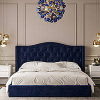 Сучасне двоспальне синє ліжко велюр з м'яким стьобаним узголів'ям 160х200 у спальню Голд Шик-Галичина