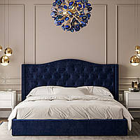 Сучасне двоспальне синє ліжко велюр з м'яким стьобаним узголів'ям 160х200 у спальню Голд Шик-Галичина