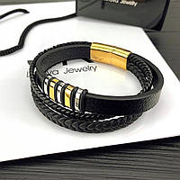 AI Мужской кожаный браслет плетеный, черный с золотыми вставками