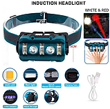 Ліхтар налобний з датчиком руху 2XPE+12SMD+6SMD(білий+червоний), Motion Sensor, Type-C, тактичний, фото 7