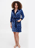 Велюровий халат на запах з каптуром, середньої довжини, синій, Туреччина