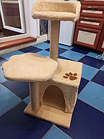 Інтерактивна дряпка кігтеточка Бежева, підлоговий стовпчик кігтеточка для кішок із будиночком