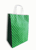 Подарунковий крафт пакет зелений у горох (19х12х28см) 1шт.