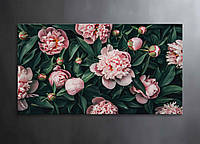 Картина Большие Розовые Пионы с Зелеными Листьями Декор на Стену Сад с Цветами Яркая Картина с Пионами