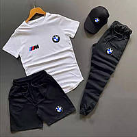 Літній чоловічий комплект з логотипом BMW. Комплект шорт, футболка, кепка, штани