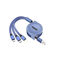 Зарядний кабель 3v1 USB, Висувний шнур з Apple + Type-C + AndroidUSB. Фіолетовий