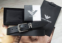 AI Мужской черный подарочный набор Armani кожаный ремень и кошелек